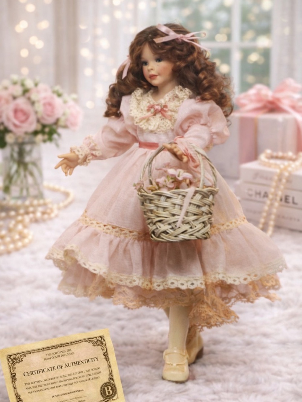 Paradise Galleries Flower Girl Doll w/ COA Porcelain Wedding Basket Dress